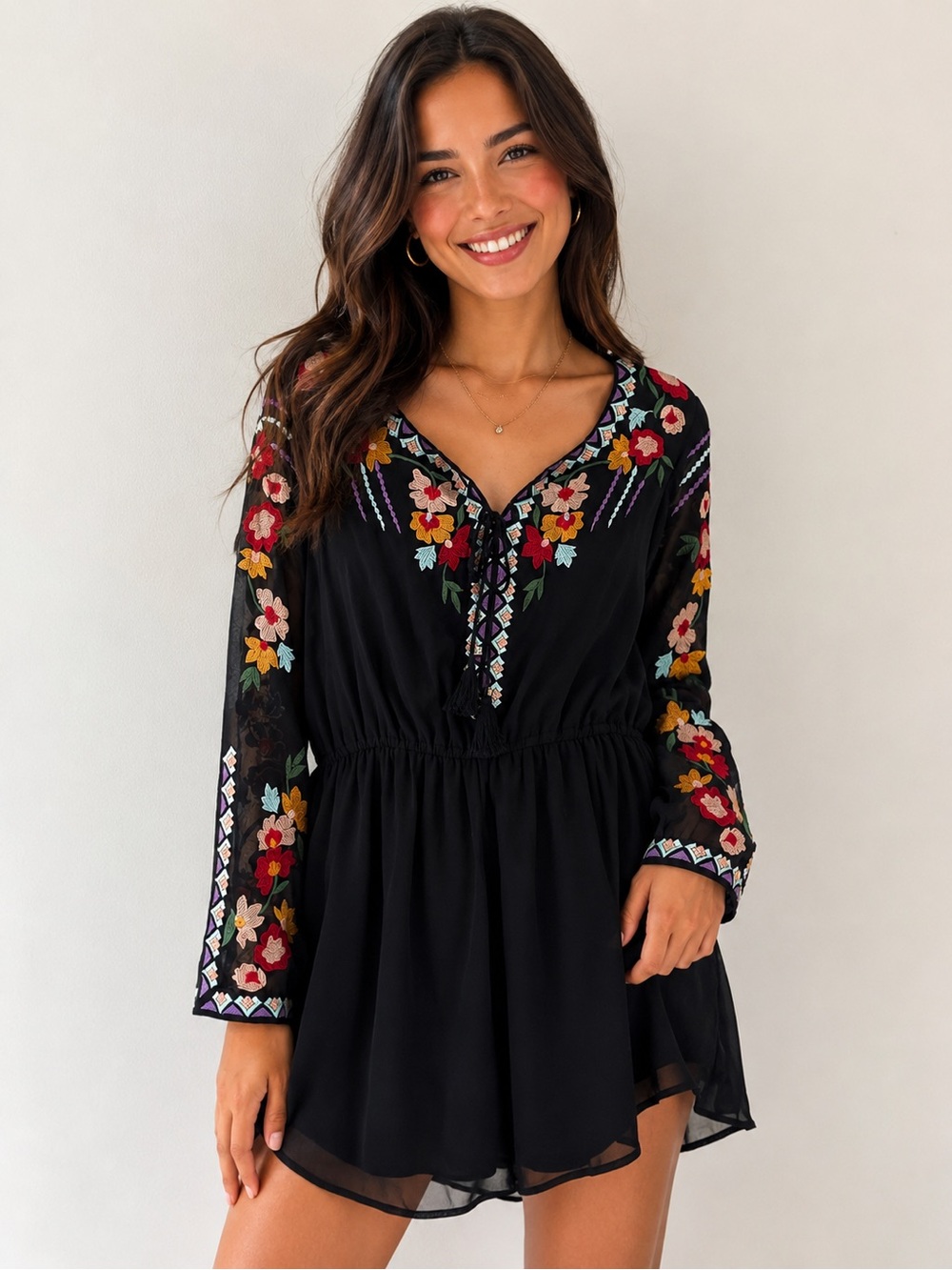 Black Floral Embroidered Long-Sleeve Romper - Size Medium